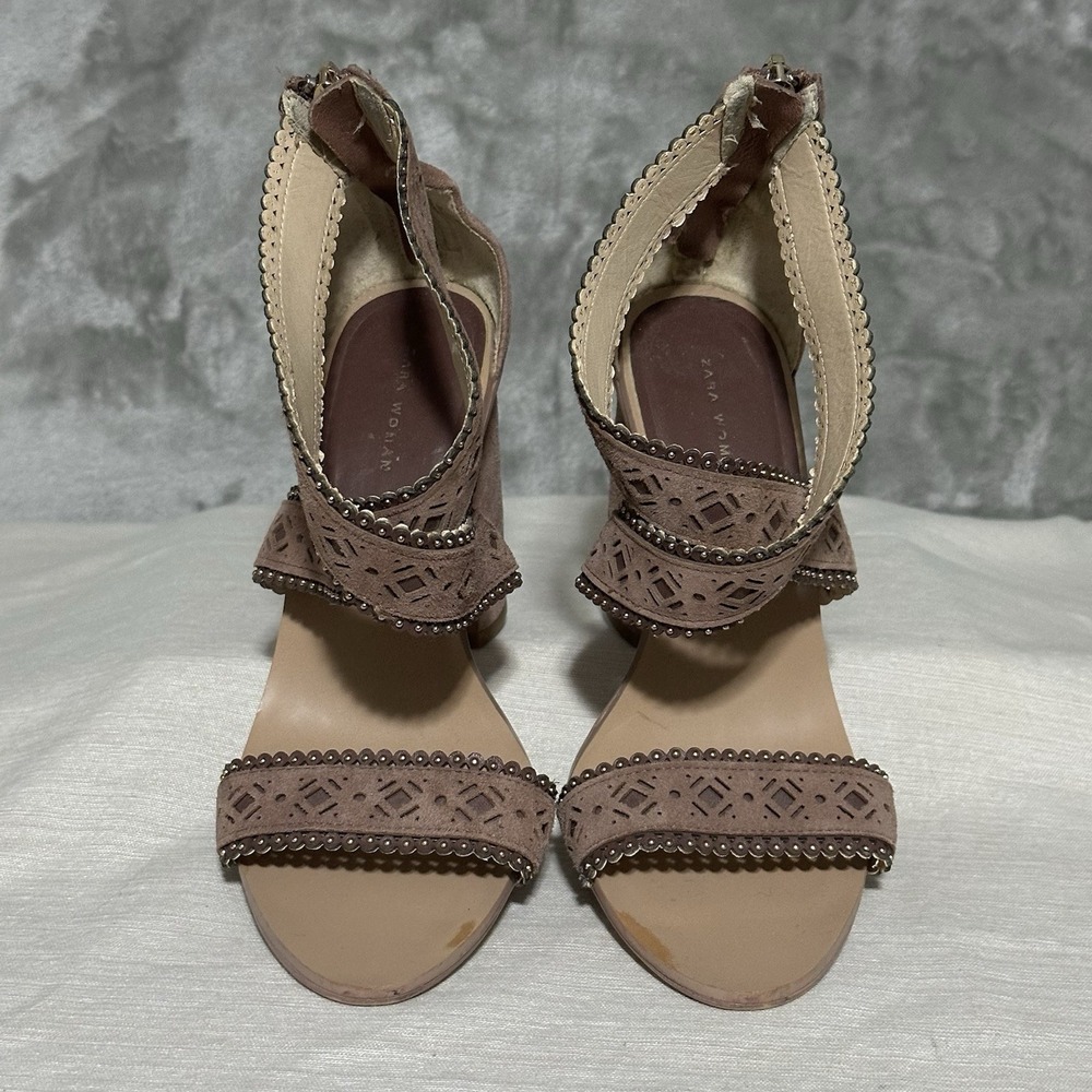 Zara Woman Suede Laser Cut Block Heel Open Toe Sandals Size US 6.5 / EU 37 pink - Picture 2 of 8